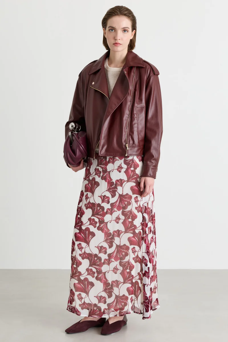 Юбка расклешённая крепон с принтом - белый бордовый