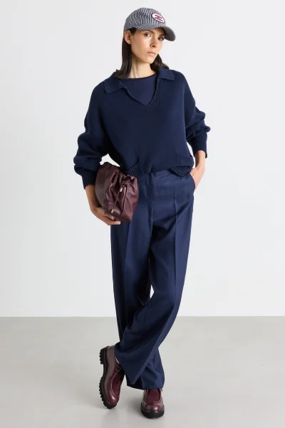 Брюки широкого кроя из твила с эффектом слэб - синий